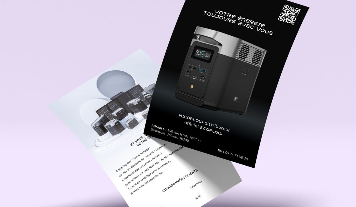 Mock-up de flyer réalisé pour une entreprise de revente de produits Ecoflow. Mise en avant du graphisme, de la composition et de la charte graphique / identité visuelle